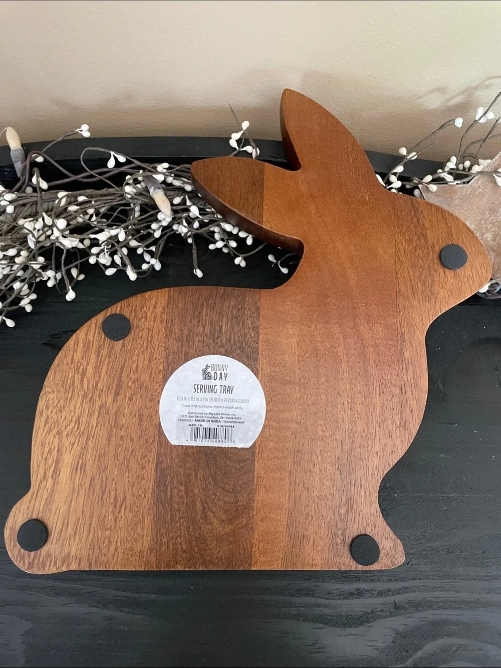 NWT Bunny-Shaped Decorative Wooden serving Tray with Spring Floral Inset-11”x12”